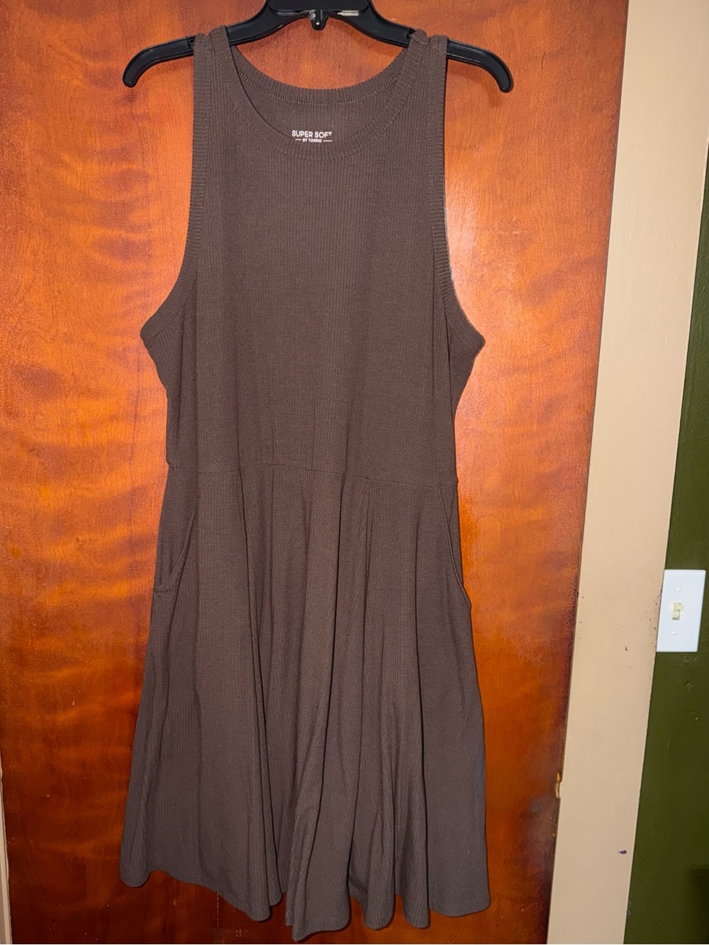 Super Soft Brown ribbed skater dress with pockets